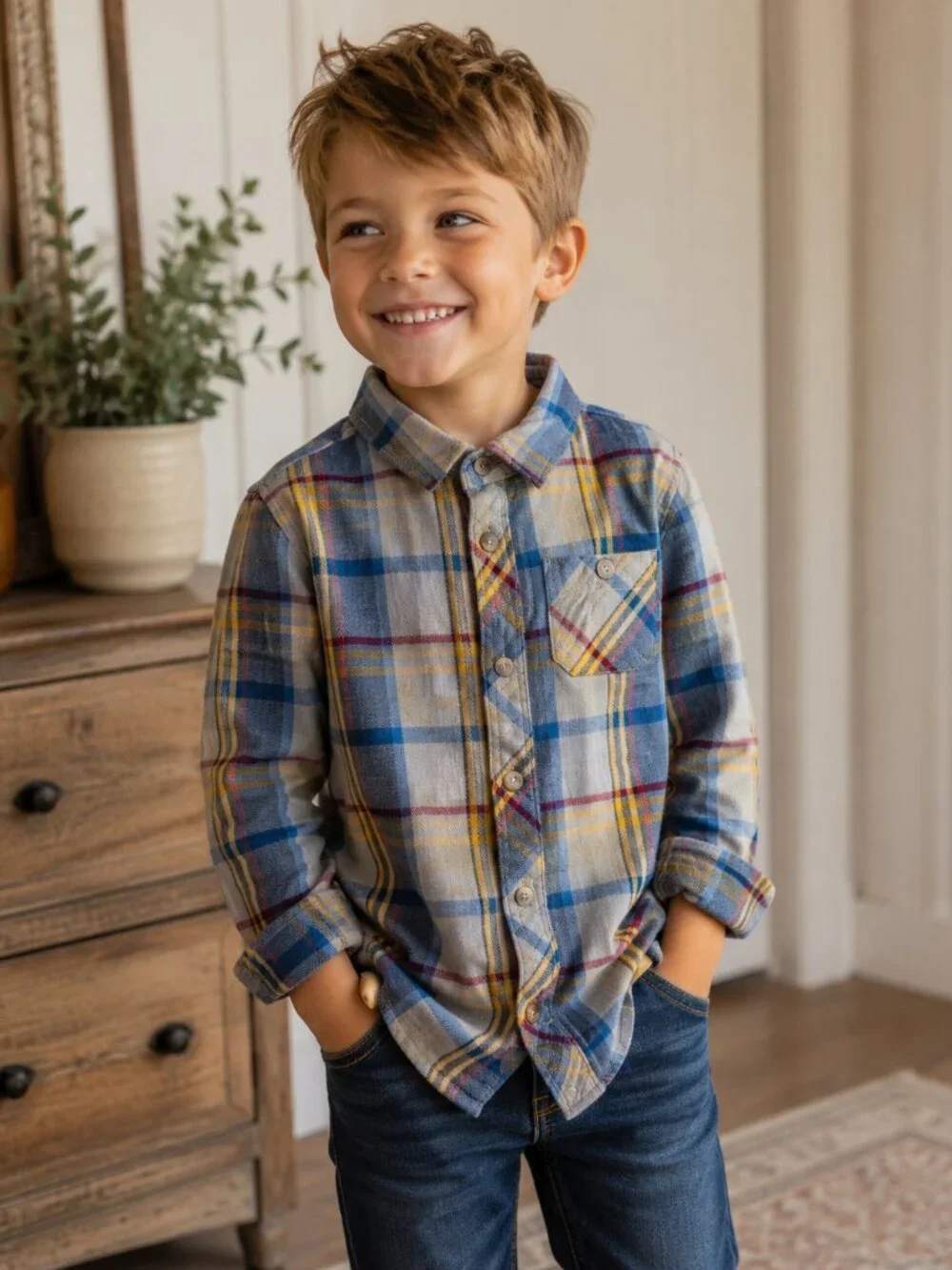 Old Navy Boys Blue Plaid Button Up Shirt 5T Long Sleeve Cotton Flannel Holiday
